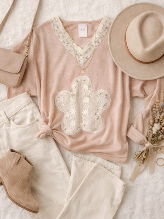 POL Zinnia Pink Floral Cactus Applique Boho Long Sleeve Top Medium - Picture 2 of 9